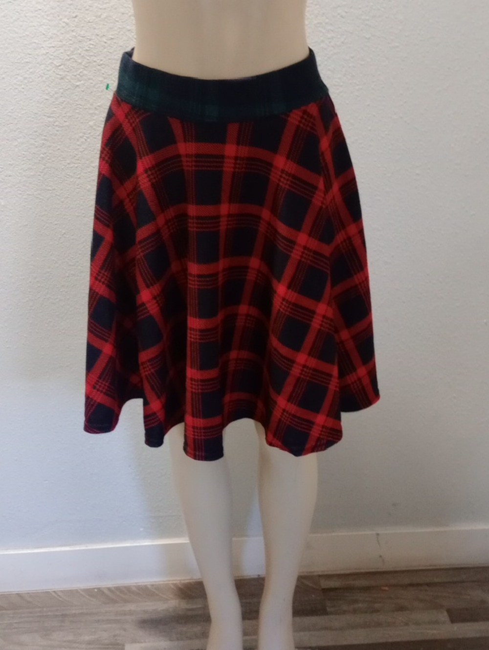 Urban Coco  Red & Black Plaid Skater Skirt with Elastic Waist